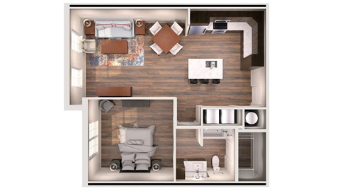 a 3d floor plan of a bedroom with a living room and a kitchen